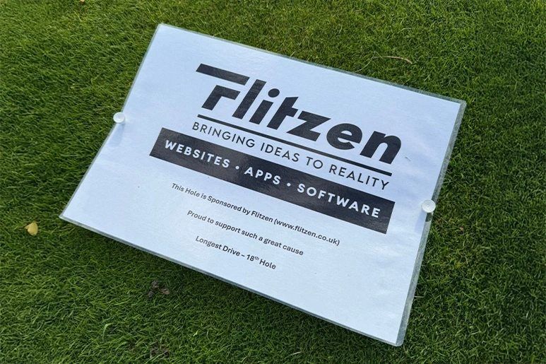 A Flitzen-branded sponsorship board at the Dylan Strong Foundation charity golf day